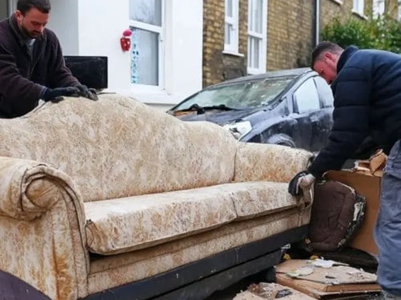Two Freedom Junk Removal crew members carrying a couch to the truck