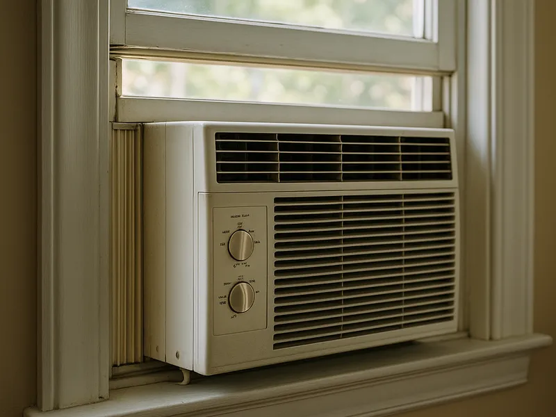 A window air conditioning unit staged for pickup